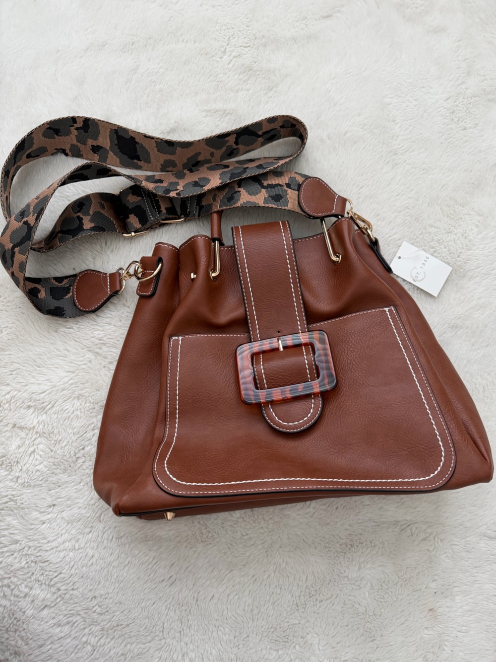 Brown Leather-Effect Shoulder Bag with Statement Buckle
